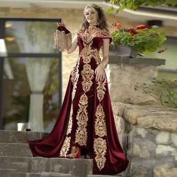 2023 בורדו, שמלות ערב עם להסרה חצאית אפליקציות גלימה Marocain החלוק דה Reveillon קטיפה לנשים נשף שמלות המפלגה