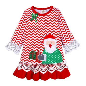 2023 בייבי בנות חג המולד שרוול ארוך שמלה ילדים כותנה בגדים לפעוטות בנות סנטה רקום גל קפלים קפלים שמלות