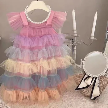 2023 בנות שמלת הקיץ קשת טול רפרוף שמלה לנשף עבור פעוטות בנות גדולות נסיכה יום הולדת בגדי ילדים אופנה שמלה