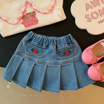 2023 הקיץ קוריאה סגנון ילדים חצאית מיני ג ' אן פרח אופנה רכה עיצוב חדש קמטים מתוק חמוד נסיעה פשוטה עבור בנות