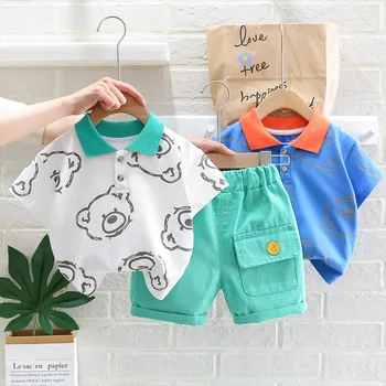 2023 קוריאנית הקיץ התינוק 2PCS סט בגדים Caroon דוב שרוול קצר חולצת פולו ג ' ינס מכנסי החליפה 1-4 שנים ילד תינוק תלבושות