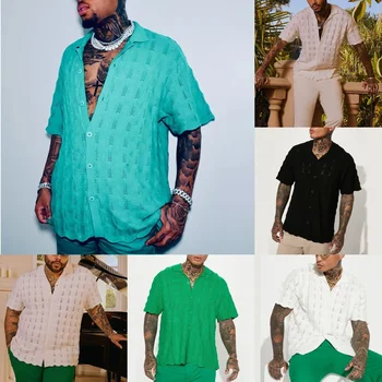2023 קיץ פנאי שרוול קצר כפתור סרוגים, חולצות גברים מקרית מוצק צבע רקמה מקסימום בגדי גברים אופנה חופשי החולצה