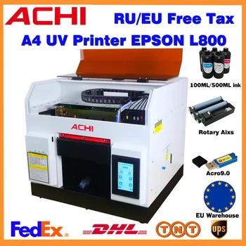 A4 L800 UV מדפסת A4 מדפסת שטוחה על מקרה טלפון עץ בקבוק זכוכית, מתכת מכונת הדפסה עם סיבובי ציר האיחוד האירופי מחסן
