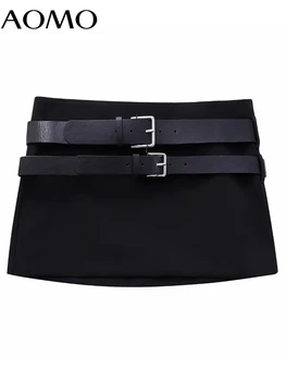 AOMO 2023 חדש לנשים חורף שחור עם חגורת החצאית בנות שיק חצאיות קצרות BE690A