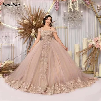 Fanshao wd228 אפליקציות הטקס השמלה כתף טול חרוזים מתוק 16 מפלגה שמלת נשף ללבוש vestidos שנים anos