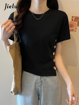 Jielur 2022 פופולרי חדש חולצת נשים קיץ, שרוול קצר הנשי החולצה קוריאני אופנה ביגוד כפתורים שחורים היבול לכל היותר M-XL