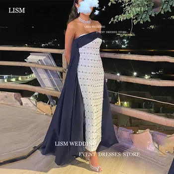 LISM אלגנטי Giitter לבן, כחול נייבי שמלות ערב סטרפלס שרוולים ארוכים בת ים רשמי שמלות לנשף עבור הסעודית ערבית