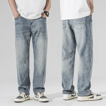 Oversize ג 'ינס גברים רחב הרגל מכנסיים מתיחה מתאים רופף מכנסיים לגברים בצבע כחול בהיר ישר אופנת רחוב שטף מזדמן מכנסי ג' ינס