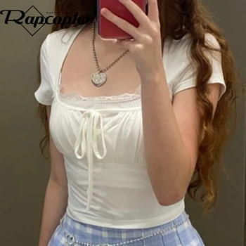 Rapcopter y2k לבן תחרה גזורה חרטום מרובע צווארון חולצת נשים שרוול קצר Harajuku טי שיק חמוד, קוריאנית Pullovers הקיץ