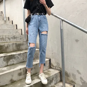 S-XL אביב קיץ 2023 קוריאני סגנון שיק נשים חור ישר מכנסי ג 'ינס גבוהה המותניים קרע ג' ינס לנשים (78163)