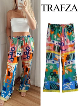 TRAFZA קיץ אופנה חדשה נשי אלגנטי הדפסת צבע המכנסיים קשת תחרה מקרית Slim רחב הרגל המכנסיים של האישה במשרד מכנסיים ארוכים