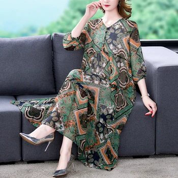 אביב קיץ הדפסת משי משי V-Midi שמלה נשים קוריאני משובח מזדמן חופשי המותניים שמלה 2023 אלגנטי שרוול קצר Vestido