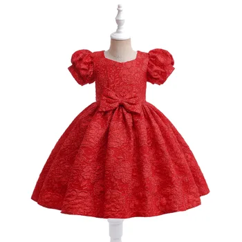 אדום עם שרוולים קצרים Fower בנות שמלות עם קשת ילדים קצר ללבוש רשמי יום הולדת חג מסיבת חתונה אירועים