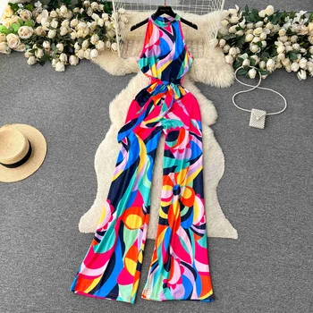 אלגנטי Multi-צבע הדפסה זמן סרבלים לנשים אופנה קיץ או הצוואר שרוולים רזה רחב הרגל באורך מלא חתיכה אחת Rompers