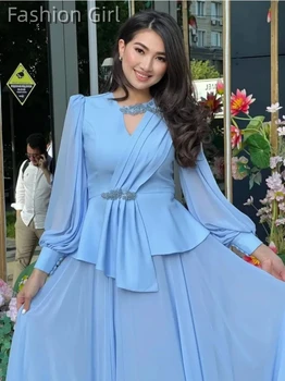 אלגנטי כחול V-צוואר שמלות לנשף עבור נשים עם קפלים Beadings באורך רצפת שיפון עם קפלים צד שמלות ערב فساتين السهرة