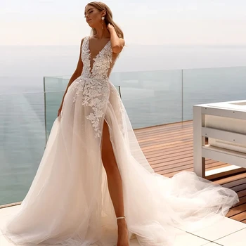 אלגנטי קו שמלות כלה V-צוואר אפליקציות טול שמלת הכלה הלבנה גבוהה פיצל מחשוף גב מותאם אישית גודל שמלות חתונה