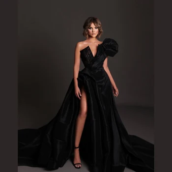 באיכות גבוהה ייחודי שחור אלגנטי שמלות לנשף גבוהה פיצול בעבודת יד עם קפלים ארוכה שמלות רשמיות נשים מפלגה שמלות בהזמנה אישית