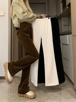 בציר חורף מכנסי קורדרוי נשים מזדמנים אופנה אלסטי גבוה מותן עבה דק רחב הרגל מוברש מכנסיים Harajuku