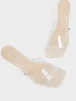 ברור PVC בוהן מרובע פרד עקבים גבוהים נעלי להחליק על PVC שקוף הקיץ האביב נעלי המסלול שמלת נעלי נשים בעירום.