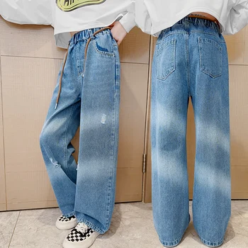 ג ' ינס בשביל ילדה שיפוע 2023 ילדים ילדה אביב סתיו רחב הרגל המכנסיים ילדים סגנון מקרית בגדי ילדים על 5-16 שנים