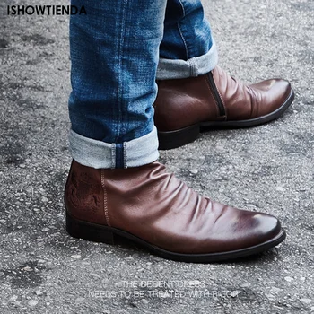 גברים עור מזדמן העליון גבוהה הנעל נוחה מגפי קרסול עסקים מגפי צ ' לסי נגד החלקה רוכסן שחור פלטפורמה נעל נעליים