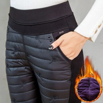 החורף רקמה למטה כותנה סלים עיפרון מכנסיים נשים גבוה מותן עבה קטיפה מרופדת מכנסיים מזדמנים חם מנופחים אמא מכנסיים