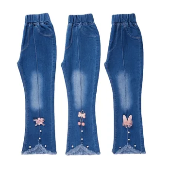 הנסיכה ג 'ינס בגדי ילדים מכנסי העשרה רחב ג' ינס רגל בחורה הבגדים התלקחו ג ' ינס Slim Fit 2 עד 12 שנים ילדים