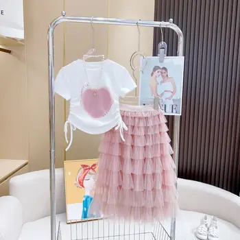 הקמעונאי 2023 תינוק חדש בנות העשרה אופנה הקיץ סטים, מכתב אהבה דפוס חולצה + רשת עוגה חצאיות 3-9 T