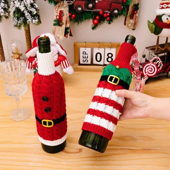 חג המולד בקבוק יין בעל סט פסים ארוגים בקבוק יין שקיות מסיבת חג מולד קישוט לשולחן האוכל.