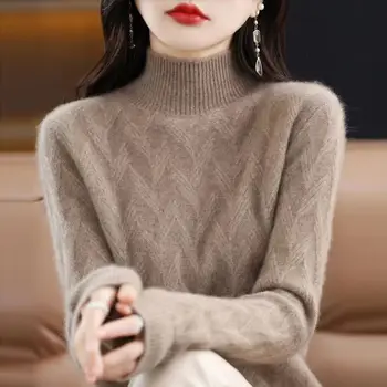 חצי צווארון גבוה הרזיה אלגנטי לסרוג סוודר נשים סתיו חורף אופנה חדשה רפויים מוצק רב-תכליתי התחתון העליון