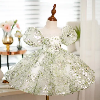 ילד בנות שמלות ערב אור ירוק יוקרה 2023 מסיבת יום הולדת שמלת נצנצים תחרות רשמית שמלה נוער חתונה נשף שמלת ערב