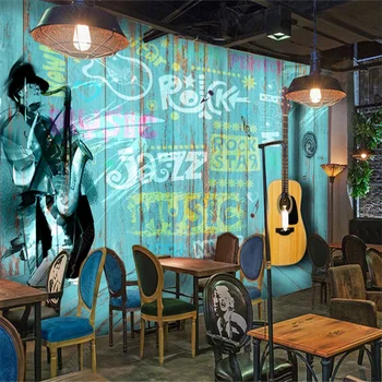כחול עץ גרפיטי גיטרה קיר נייר תעשייתי עיצוב ציור קיר בר KTV מוסיקה הנושא מסעדה מועדון רקע טפט הנייר Tapiz
