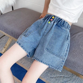כניסות חדשות בנות קצרים עם הקשת כפתור מוצק סגנון קוריאני כותנה, בגדי ילדים בבית ספר קליל מכנסי ג ' ינס קצרים 6 8 10 12 14Y