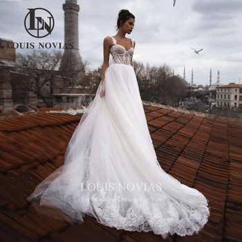 לואיס NOVIAS קו שמלות חתונה עבור נשים אפליקציות שמלת כלה מתוקה ספגטי רצועת רכבת המברשת Vestidos דה נוביה