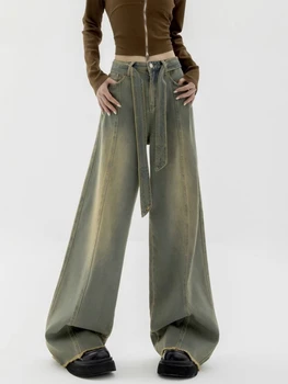 לנשים ג 'ינס מכנסיים רחבות אופנה ג' ינס מולבן מוצק חופשי נקבה רחוב שרוכים בציר חדש ארוך מזדמנים מכנסיים