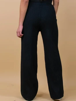 נשים רחב הרגל מצולע לסרוג מכנסיים מזדמנים מתאים רופף גבוהה המותניים סוודר מכנסי שרוך אלסטי המותניים Palazzo המכנסיים