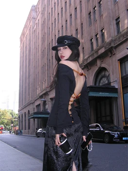 נשים שחור גותי חולצה Harajuku קוריאנית Y2k טי העליון-90 אסתטי משובח האופנה שרוול ארוך ללא משענת חולצות 2000 בגדים