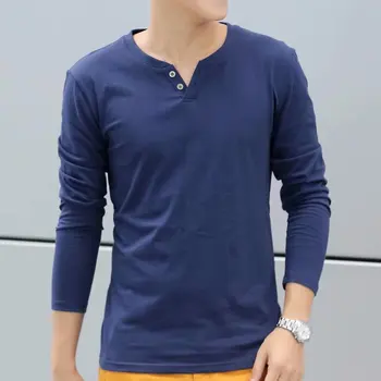 סתיו אופנה חדשה גברים בסגנון קוריאני V-שני-כפתור ארוך שרוולים חולצת כותנה slim fit כל-התאמת שטחי בסיס החולצה