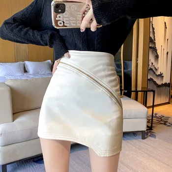 סתיו חורף גבוהה המותניים סדיר של נשים חצאיות לבן PU עור סקסי חצאית מיני ליידי אלגנטית רוכסן עטוף הירכיים קו החצאית