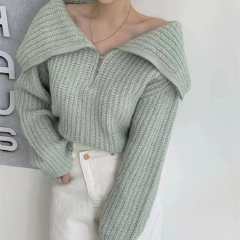 סתיו סרוגים Pullovers נשים סוודר אופנה גדולה דש רוכסן שיק מזדמן חופשי שרוול ארוך סוודרים מוצק בגדים רפויים 28446