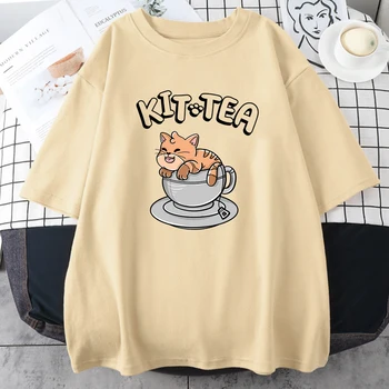 ערכת תה חתול כוס תה Mens כותנה חולצות יצירתיות בציר מקסימום לנשימה Oversize טי ביגוד מצחיק גבר שרוול קצר
