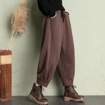 קוריאני הסתיו והחורף מרופד, מעובה מזדמנים מכנסיים רופפים גבוהה המותניים דק צבע מוצק הרלן המכנסיים