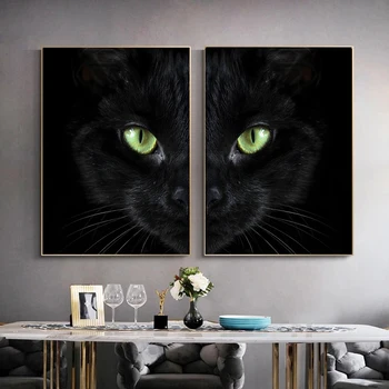 שחור לבן חצי חתול בד פוסטר קיר מופשט ציור אמנות נורדי פוסטרים, הדפסת תמונות קיר הסלון לעיצוב הבית
