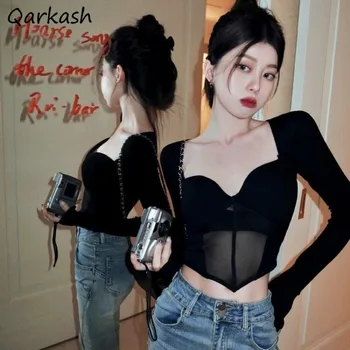 שרוול ארוך חולצות נשים רשת טלאים סלים Hotsweet כל-התאמה שנחתכו לכל היותר סקסי אסתטי בגדים Y2k אופנה קוריאנית מועדון