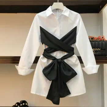 2020 אביב סתיו אופנה חדשה לנשים אחוי מגבונים מזויף שני חלקים חולצה לבנה שמלה סלים הגברת ארוך השרוול קו A-שמלה