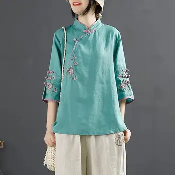 2023 סיני חדש בסגנון רטרו כותנה חולצת פשתן נשים לאביב קיץ לעמוד צווארון כפתור רקום שלושת רבעי רופף לכל היותר