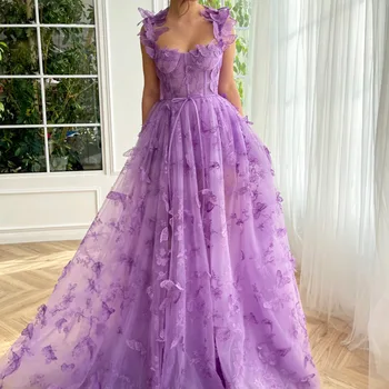 3D פרפר לבנדר שמלות לנשף סטרפלס טול קפלים חרך קו ירוק אירוע מיוחד שמלות, גלימות דה לנשף 2024