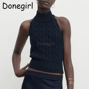 Donegirl 2023 ניו נשים אופנה מעוות ללא שרוולים תלויים צוואר האפוד ללא משענת סרגה סוודר מוצק פשוט סקסי מקסימום שיק נשי