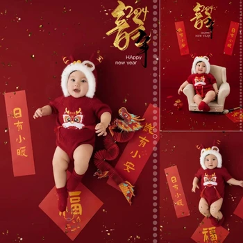 Dvotinst היילוד צילום אביזרים השנה הסינית החדשה בגדים מסורתיים רקע נייר הדרקון סט תמונות צילום סטודיו אביזרים