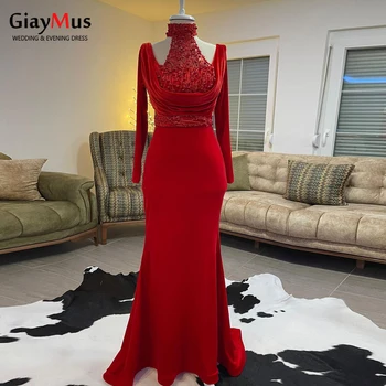 GiayMus אדום בתולת ים שמלות ערב רקמה פרל חרוזים שרוול ארוך קטיפה רשמית נשף שמלה צנוע שמלת ערב בתוספת גודל